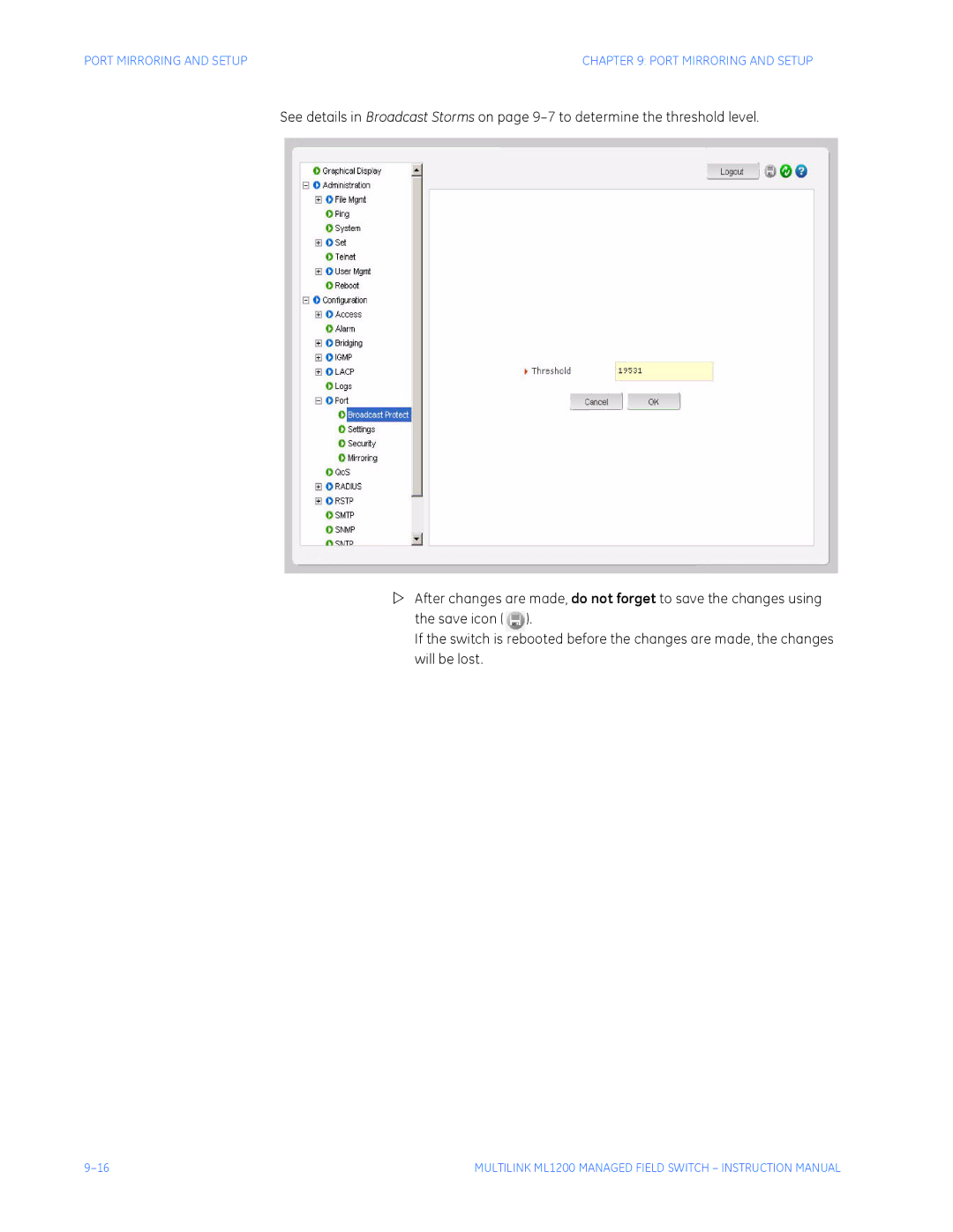 GE ML1200 instruction manual Port Mirroring and Setup 