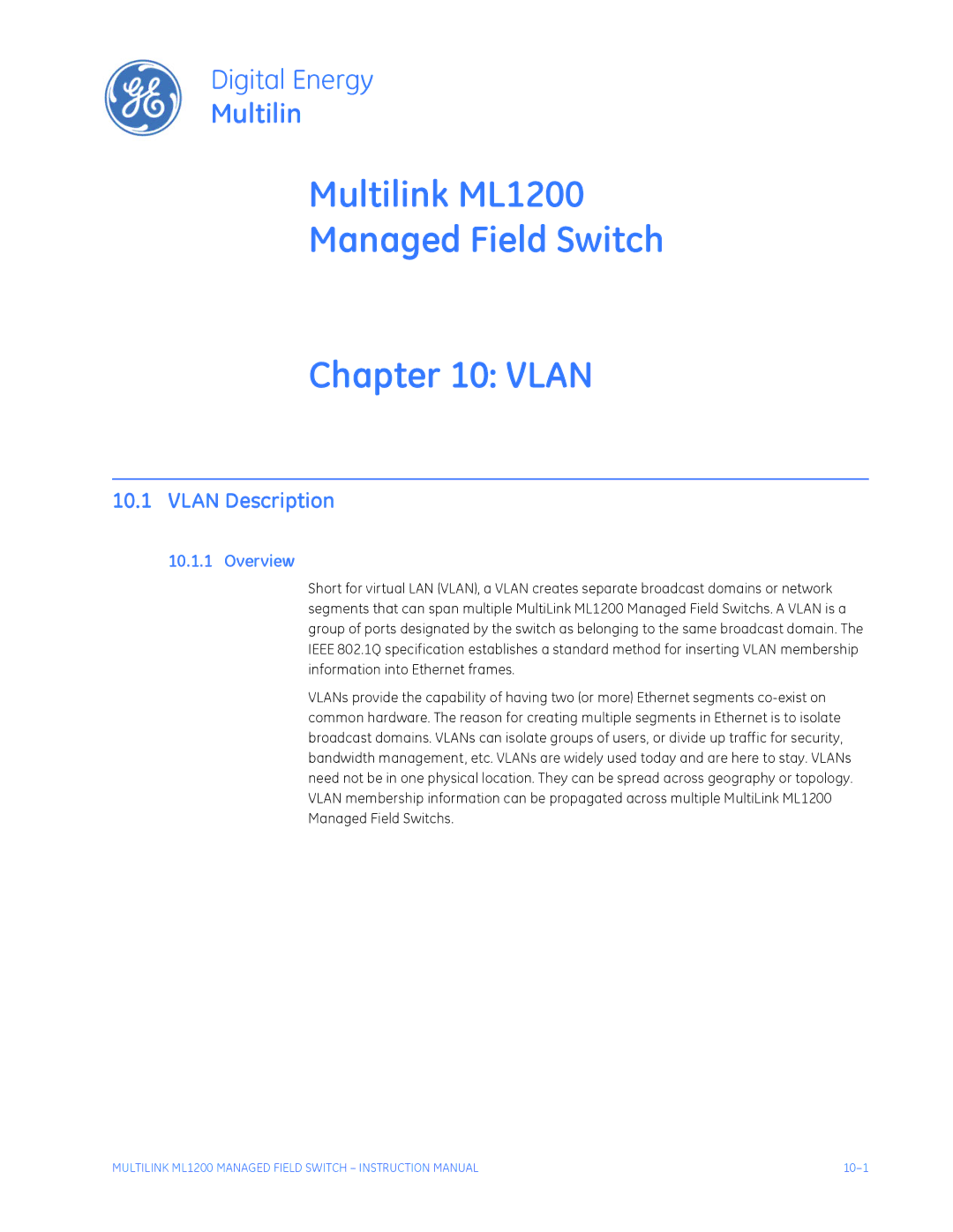 GE instruction manual Multilink ML1200 Managed Field Switch Vlan, Vlan Description 