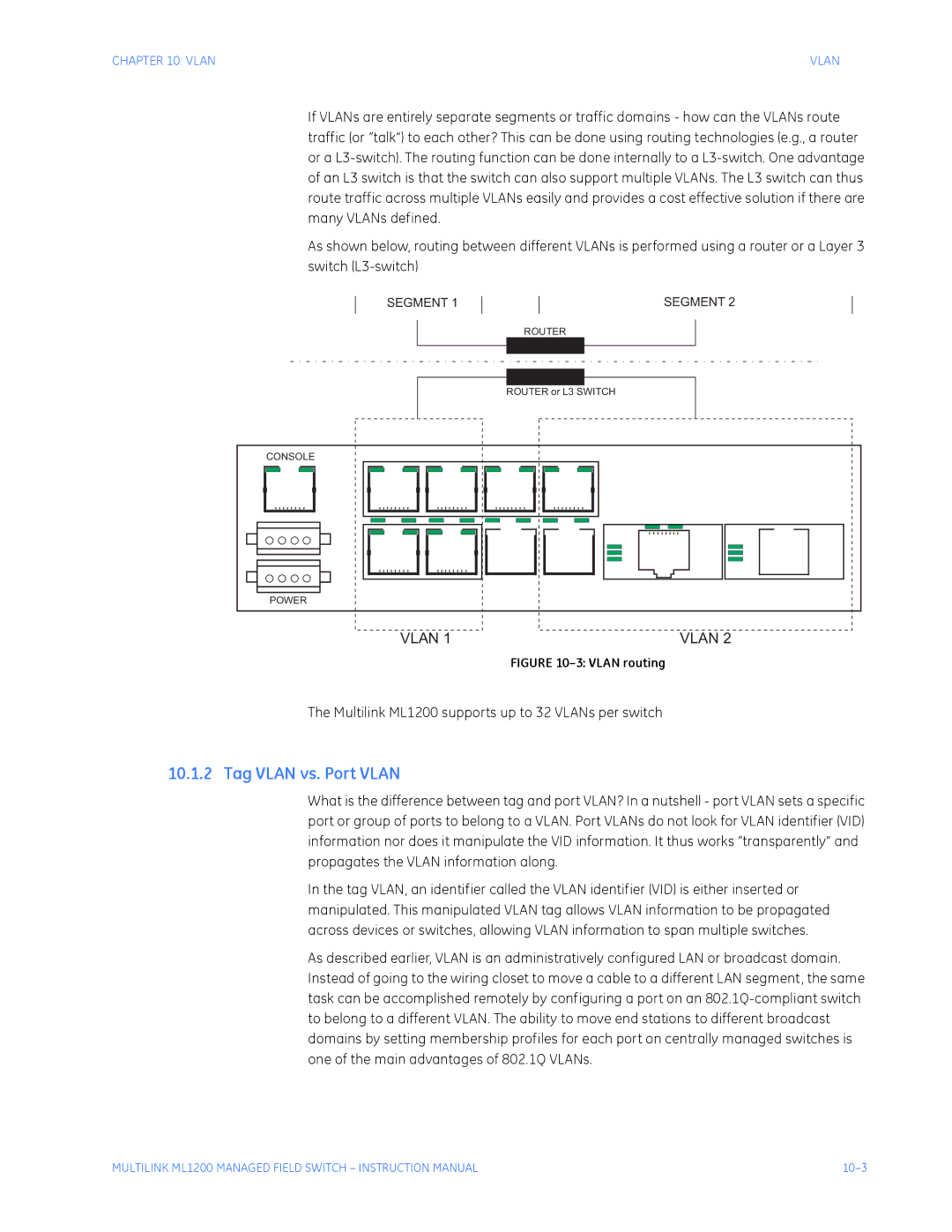 GE instruction manual Tag Vlan vs. Port Vlan, Multilink ML1200 supports up to 32 VLANs per switch 