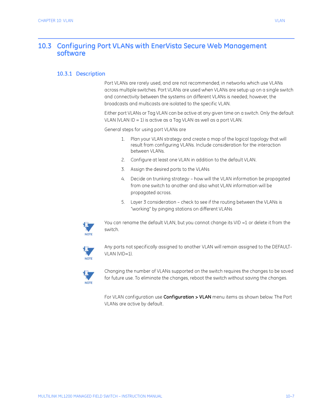 GE ML1200 instruction manual Vlan VID=1 