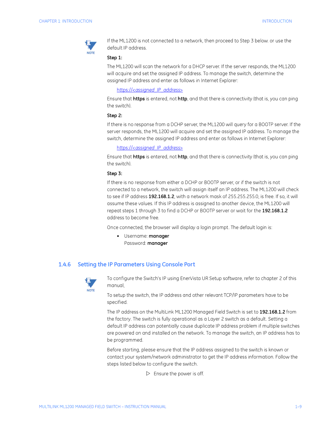 GE ML1200 instruction manual Setting the IP Parameters Using Console Port, Step 