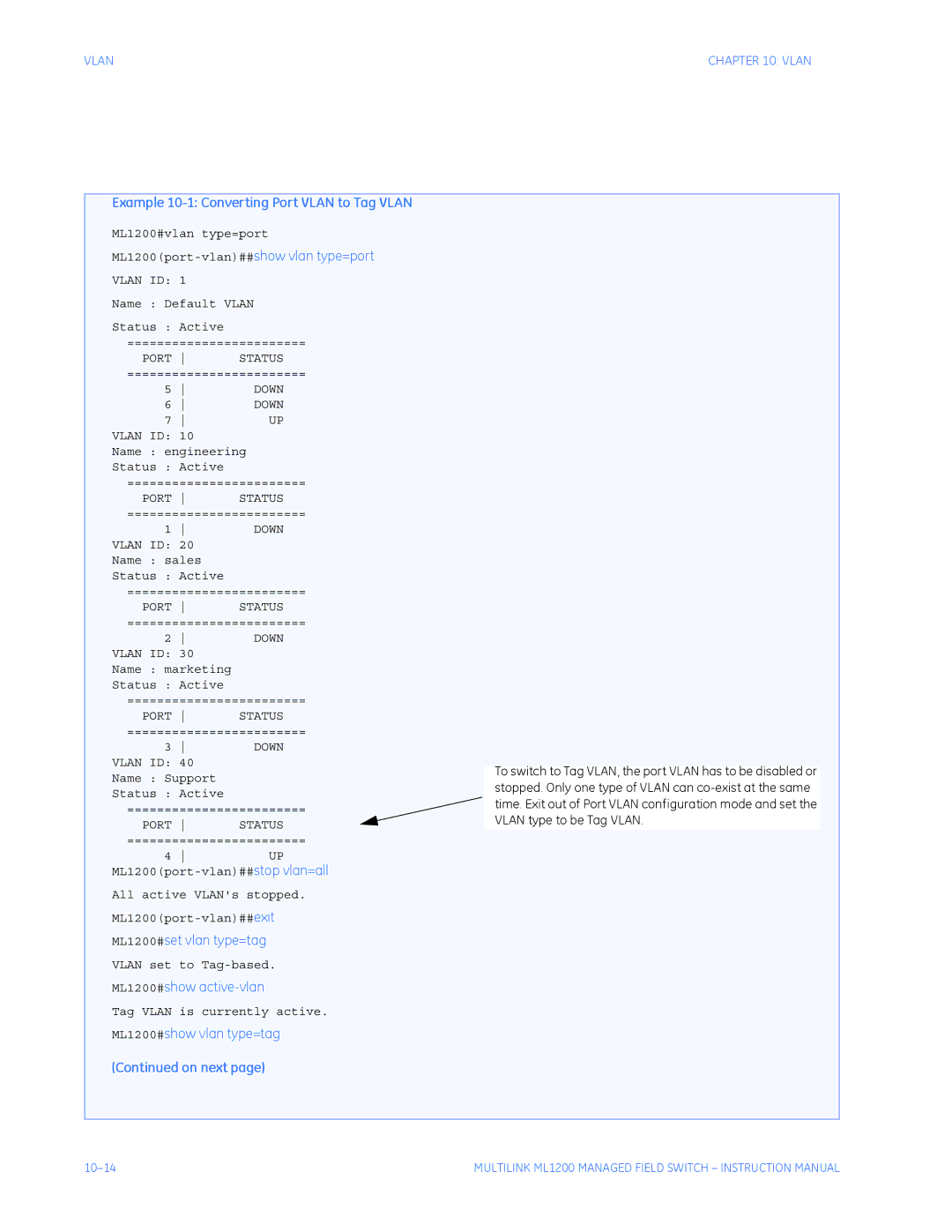 GE ML1200 instruction manual Example 10-1 Converting Port Vlan to Tag Vlan, On next 