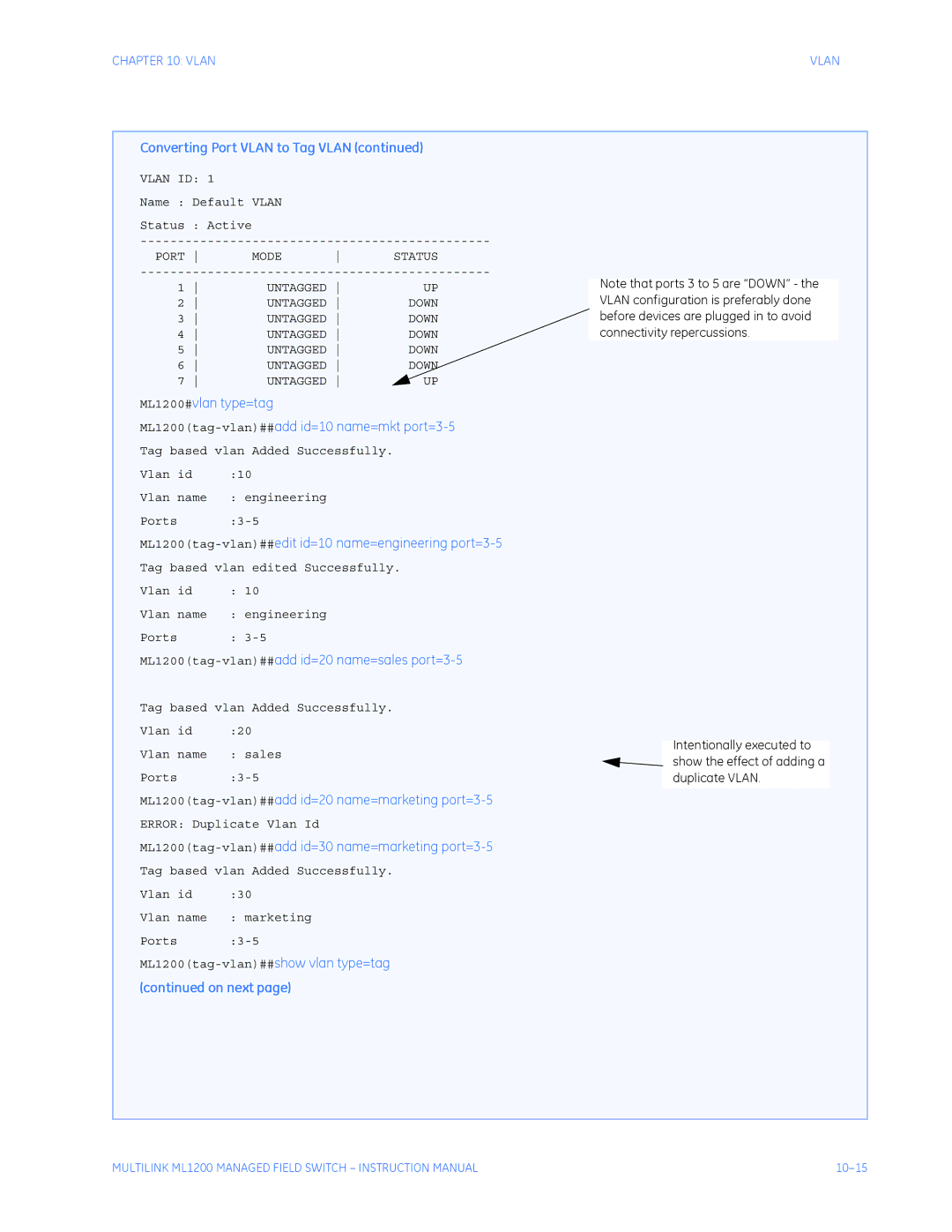 GE instruction manual Converting Port Vlan to Tag Vlan, ML1200tag-vlan##add id=20 name=marketing port=3-5 