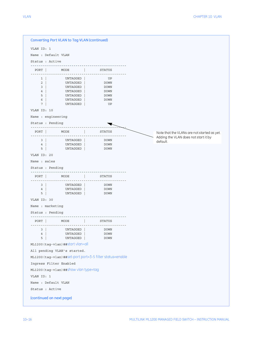 GE instruction manual ML1200tag-vlan##set-port port=3-5 filter status=enable 