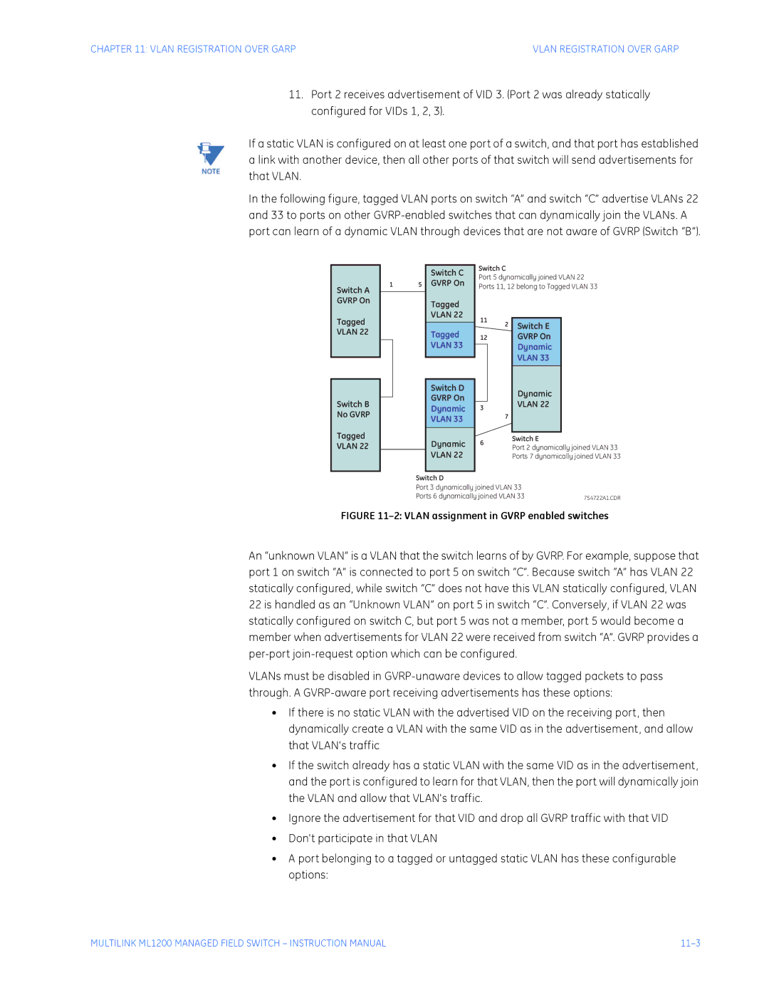 GE ML1200 instruction manual Vlan assignment in Gvrp enabled switches 