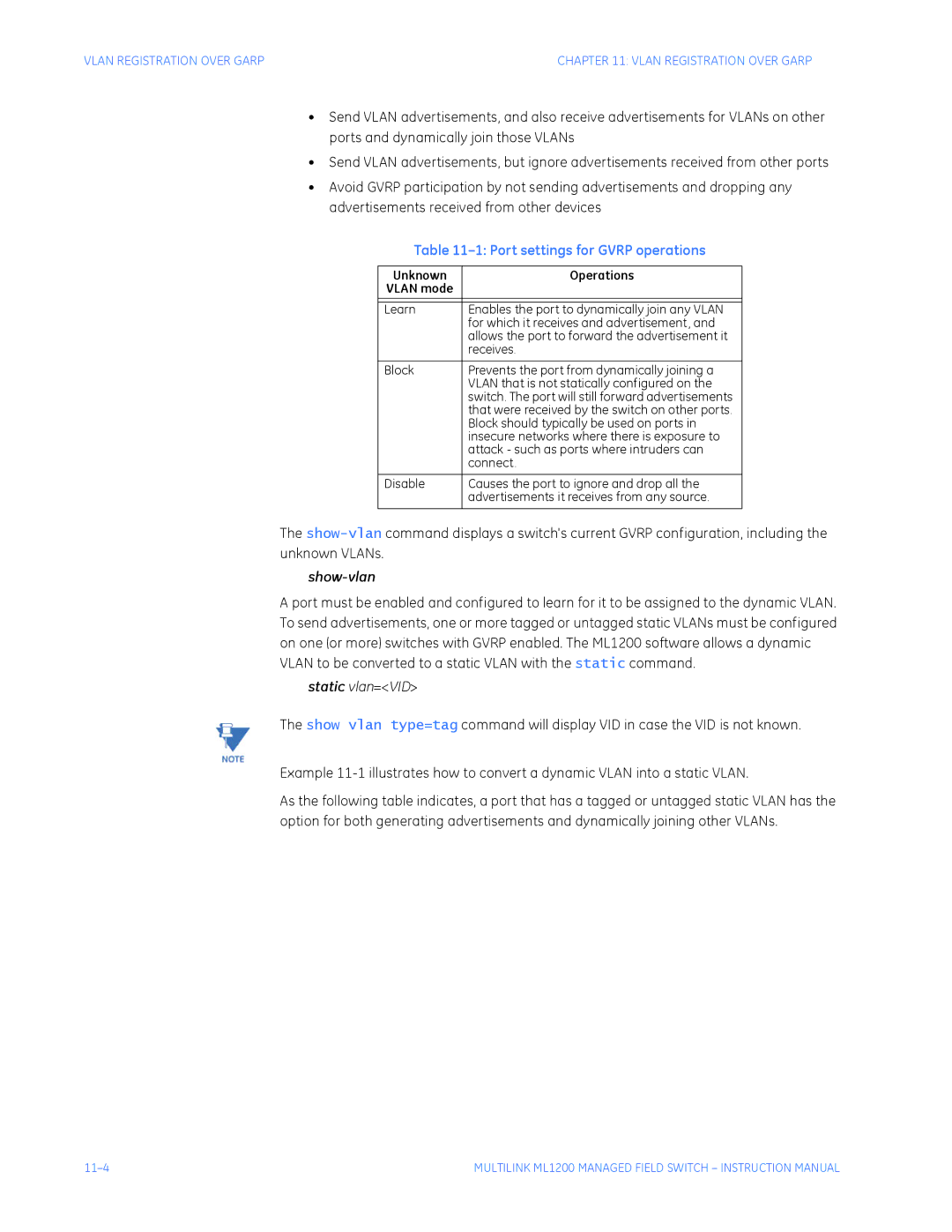 GE ML1200 instruction manual Port settings for Gvrp operations, Show-vlan, Static vlan=VID 