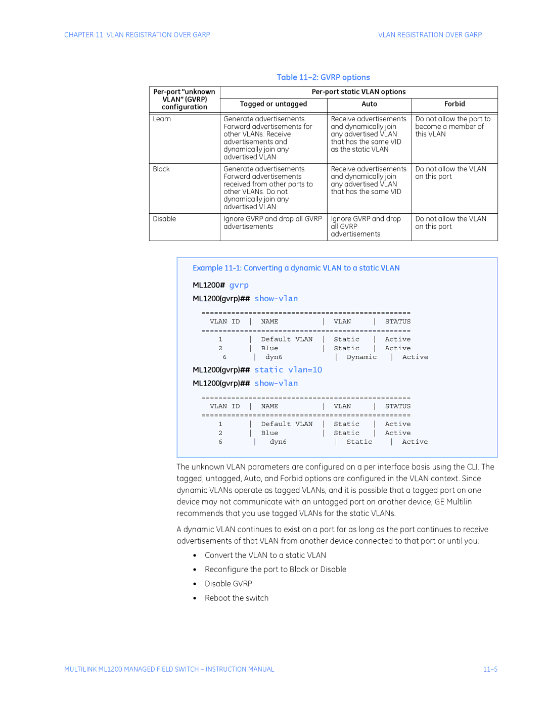 GE Gvrp options, Example 11-1 Converting a dynamic Vlan to a static Vlan, ML1200# gvrp ML1200gvrp## show-vlan 