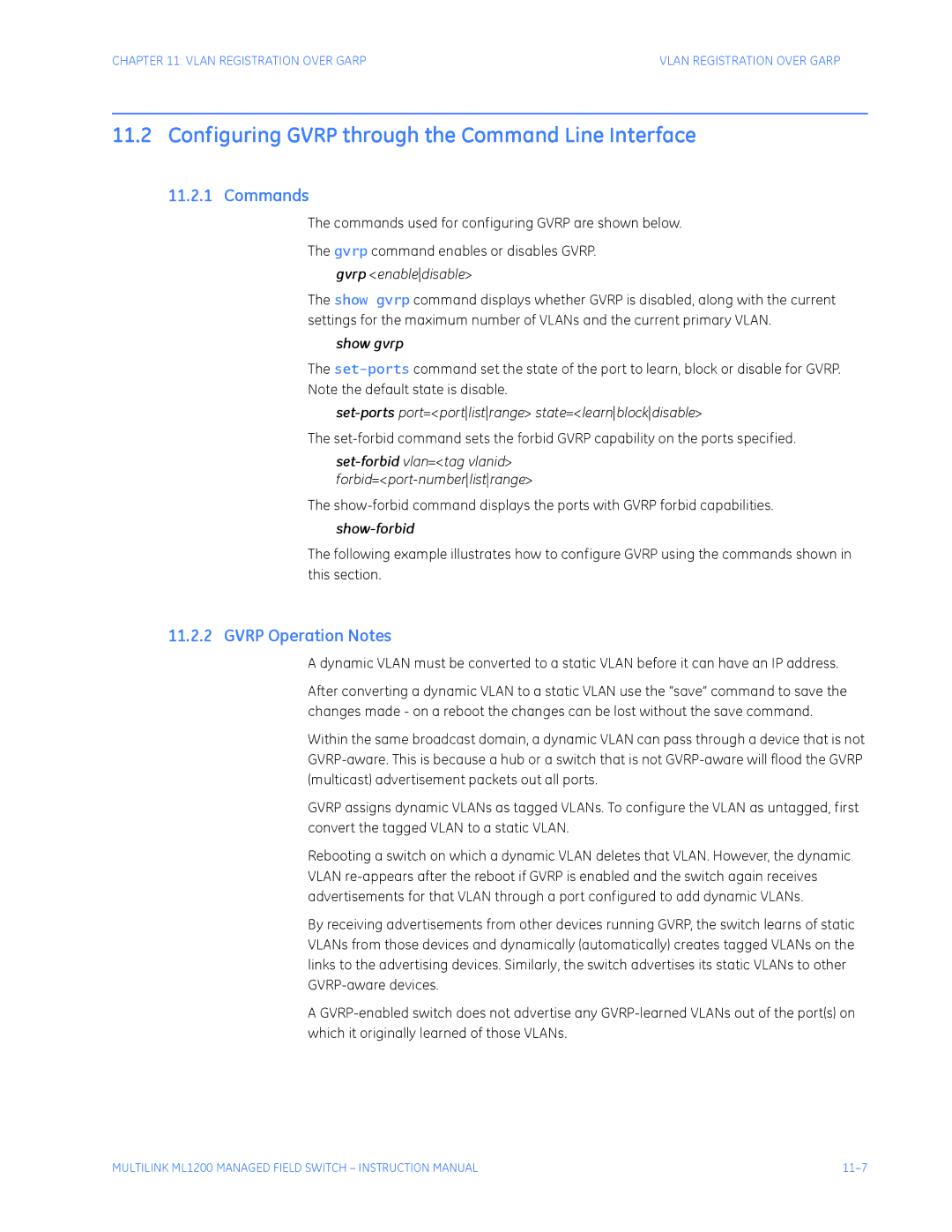 GE ML1200 Configuring Gvrp through the Command Line Interface, Gvrp Operation Notes, Show gvrp, Show-forbid 