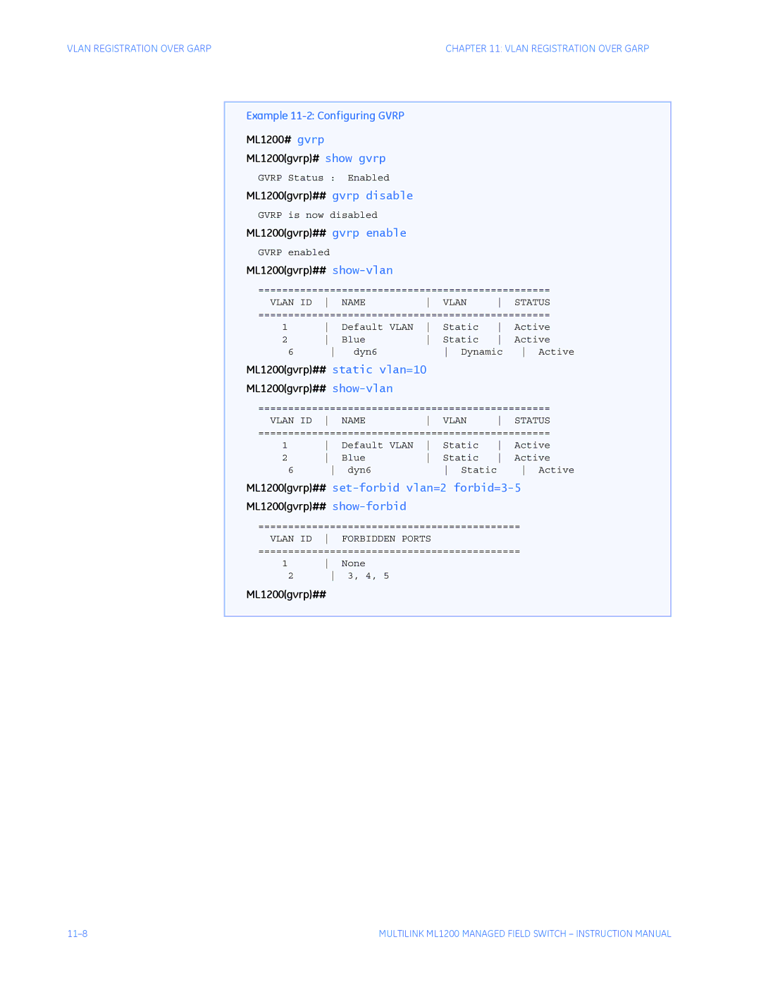 GE ML1200 instruction manual Example 11-2 Configuring Gvrp 