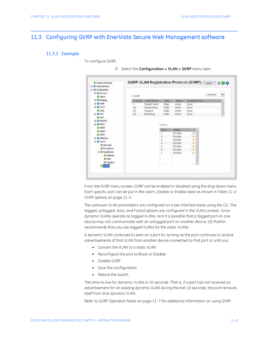 GE ML1200 instruction manual To configure Gvrp, Select the Configuration Vlan Gvrp menu item, Gvrp options on 