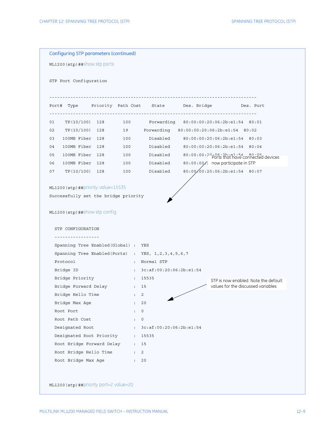 GE ML1200 instruction manual Configuring STP parameters 