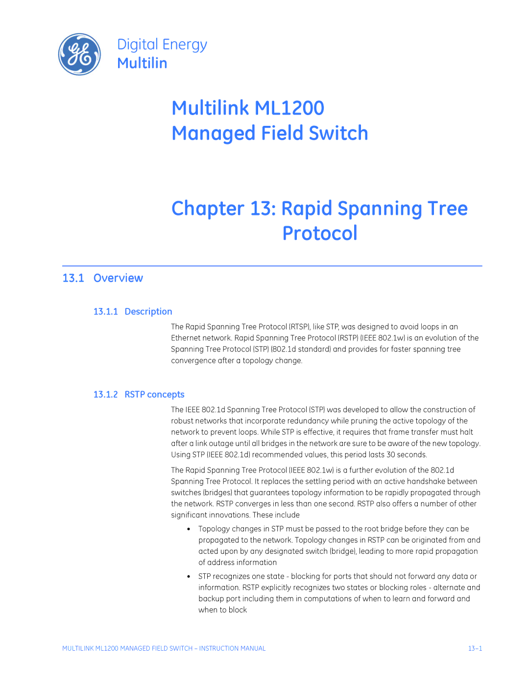 GE ML1200 instruction manual Overview, Rstp concepts 