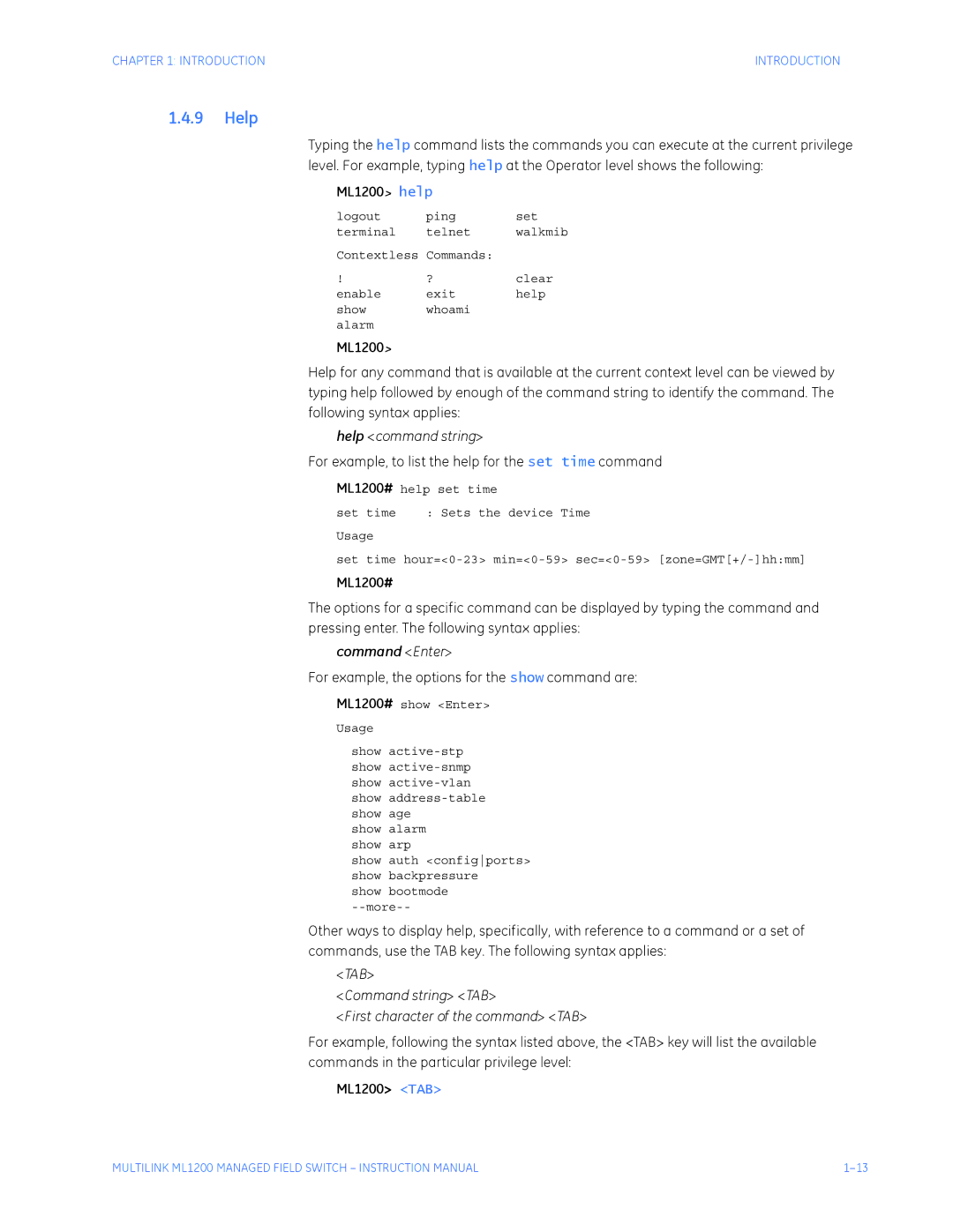 GE ML1200 instruction manual Help command string, Command Enter, Command string TAB First character of the command TAB 
