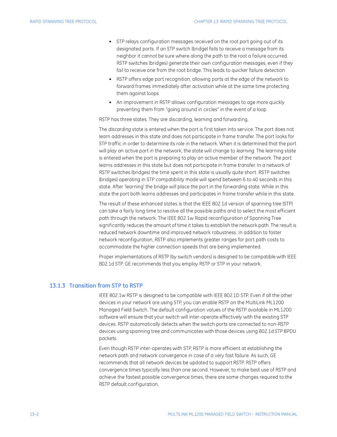 GE ML1200 instruction manual Transition from STP to Rstp, Rapid Spanning Tree Protocol 