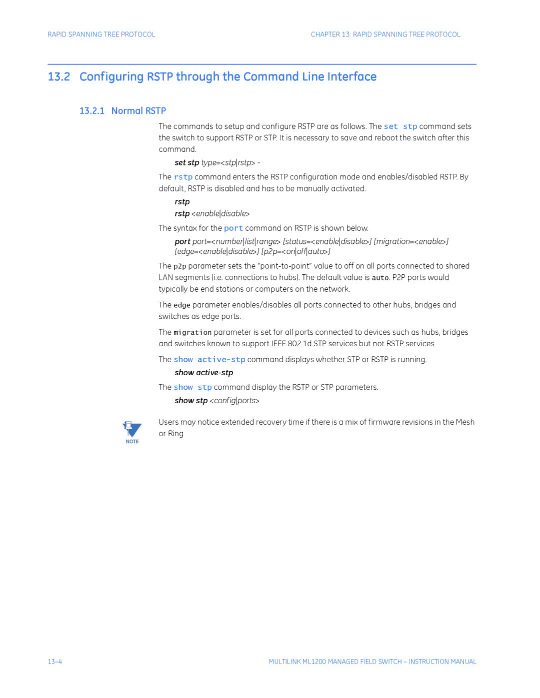 GE ML1200 instruction manual Configuring Rstp through the Command Line Interface, Normal Rstp, Rstp enabledisable 