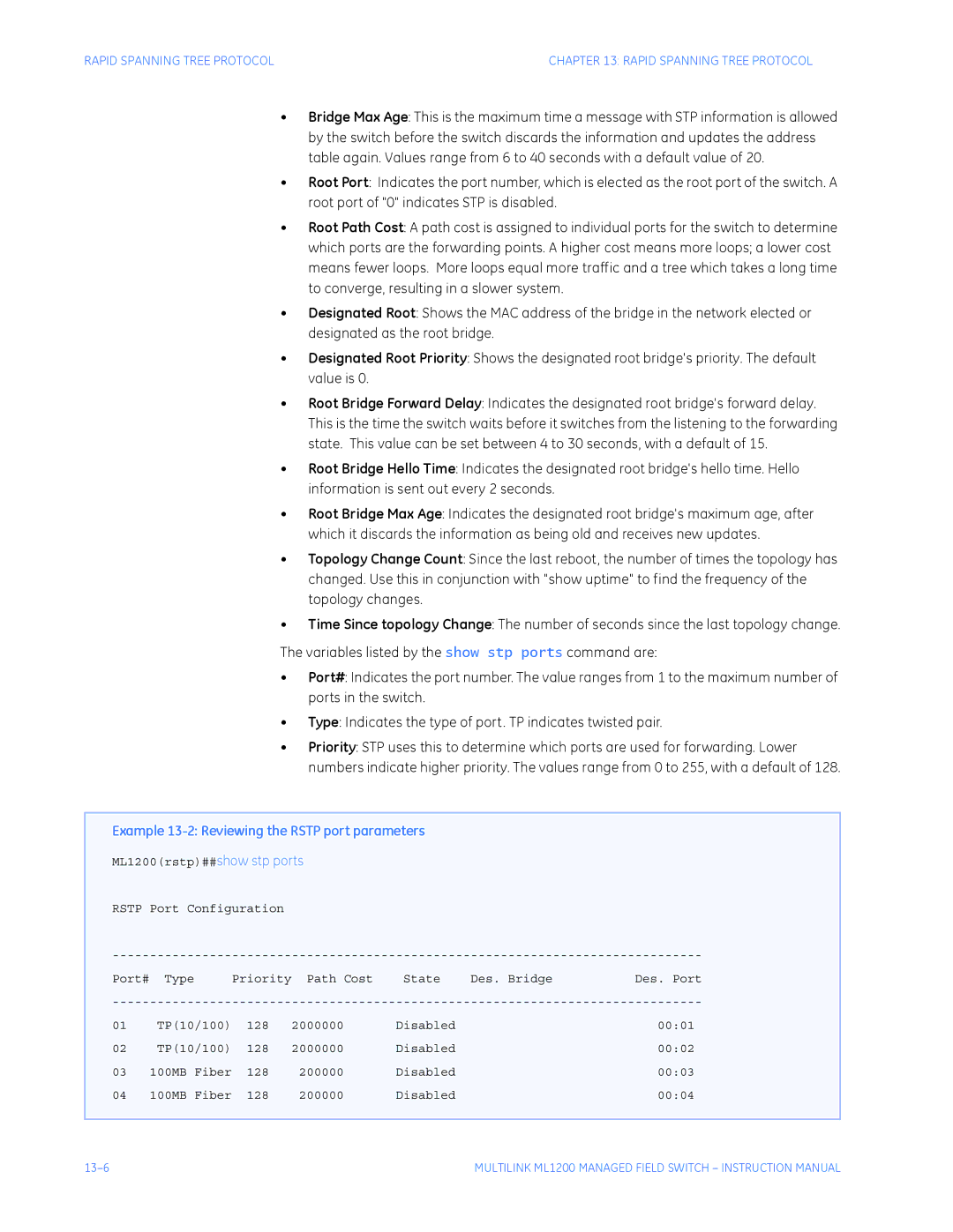 GE ML1200 instruction manual Example 13-2 Reviewing the Rstp port parameters 