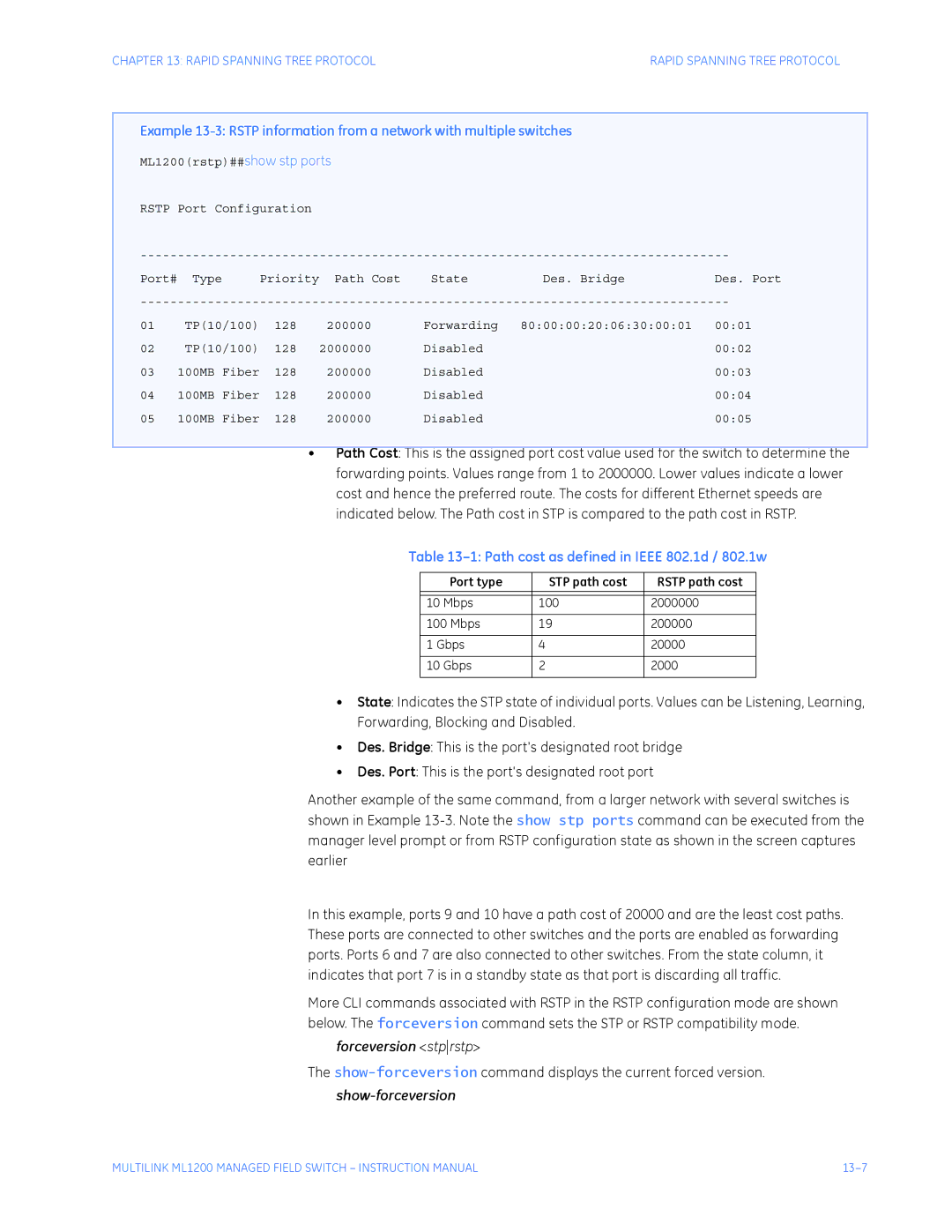 GE ML1200 instruction manual Path cost as defined in Ieee 802.1d / 802.1w, Forceversion stprstp, Show-forceversion 