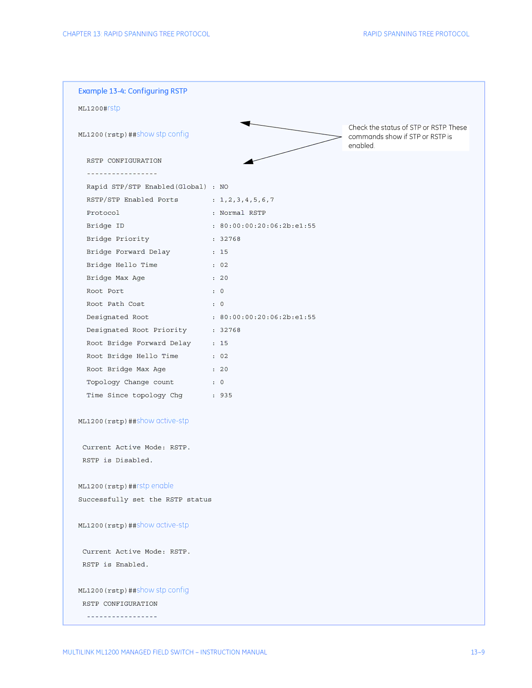 GE instruction manual Example 13-4 Configuring Rstp, ML1200rstp##show stp config 