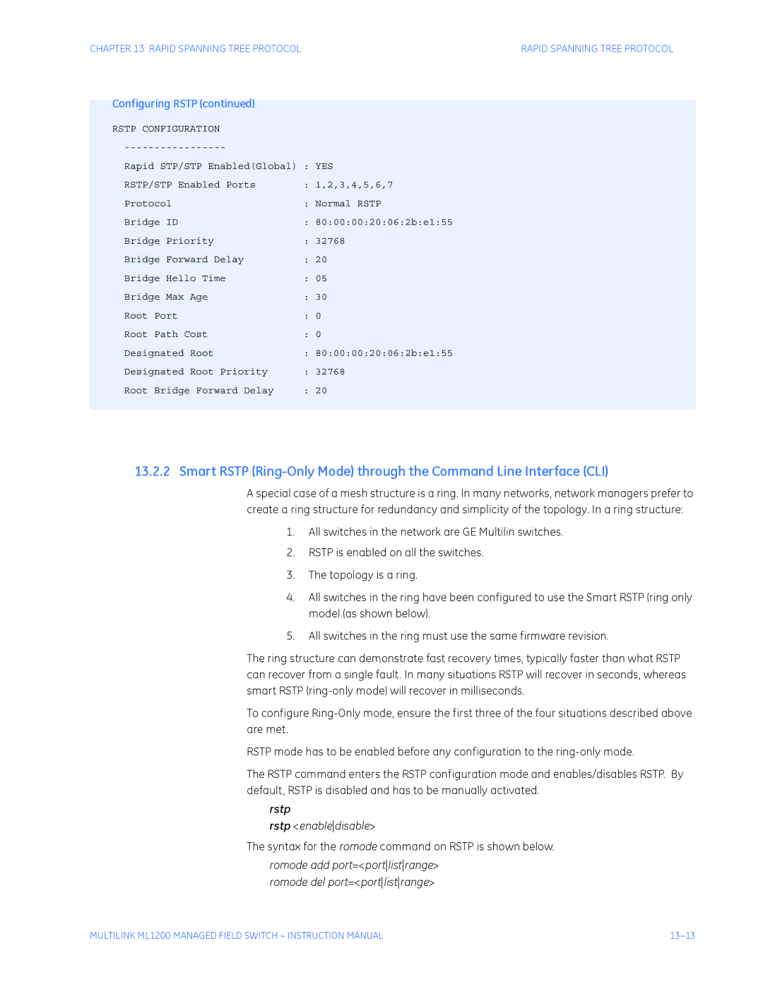 GE ML1200 instruction manual Syntax for the romode command on Rstp is shown below 