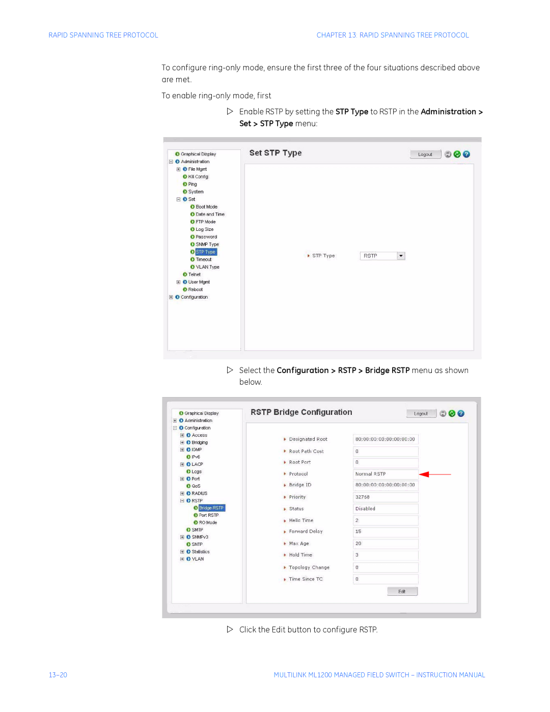 GE ML1200 instruction manual Click the Edit button to configure Rstp 