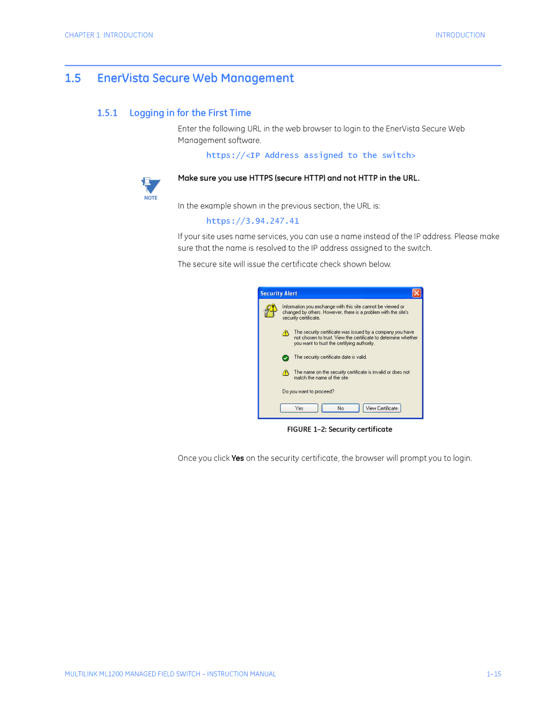 GE ML1200 instruction manual EnerVista Secure Web Management, Make sure you use Https secure Http and not Http in the URL 