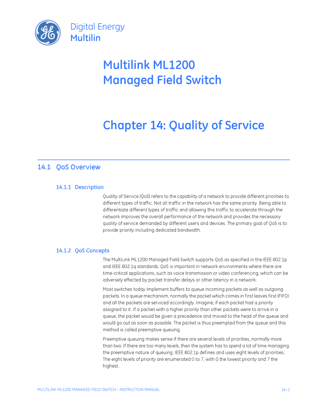 GE instruction manual Multilink ML1200 Managed Field Switch Quality of Service, QoS Overview, QoS Concepts 