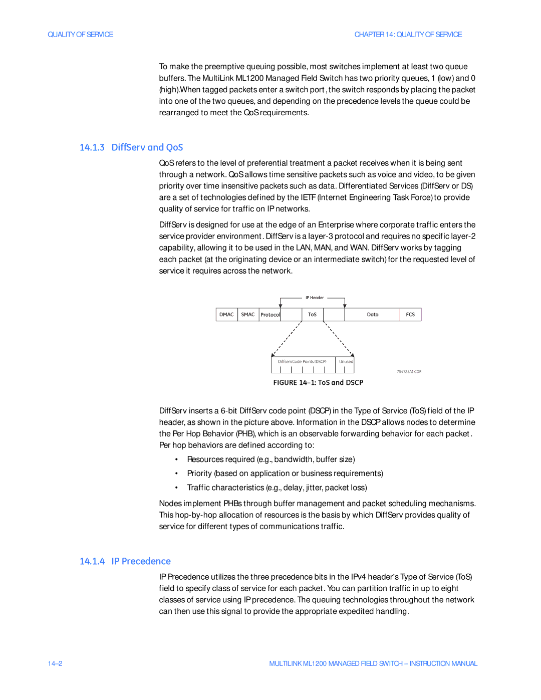 GE ML1200 instruction manual DiffServ and QoS, IP Precedence 