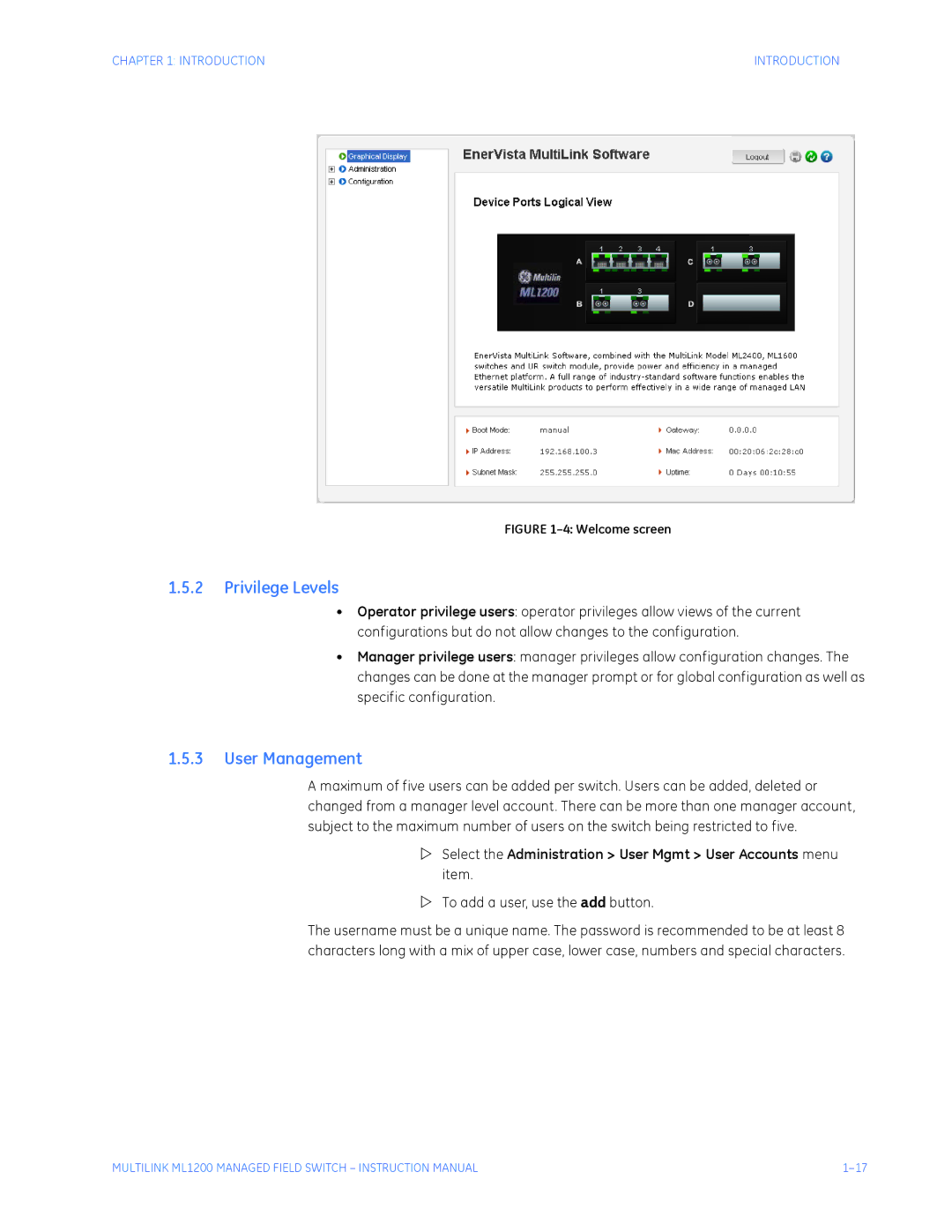 GE ML1200 instruction manual Select the Administration User Mgmt User Accounts menu item, To add a user, use the add button 