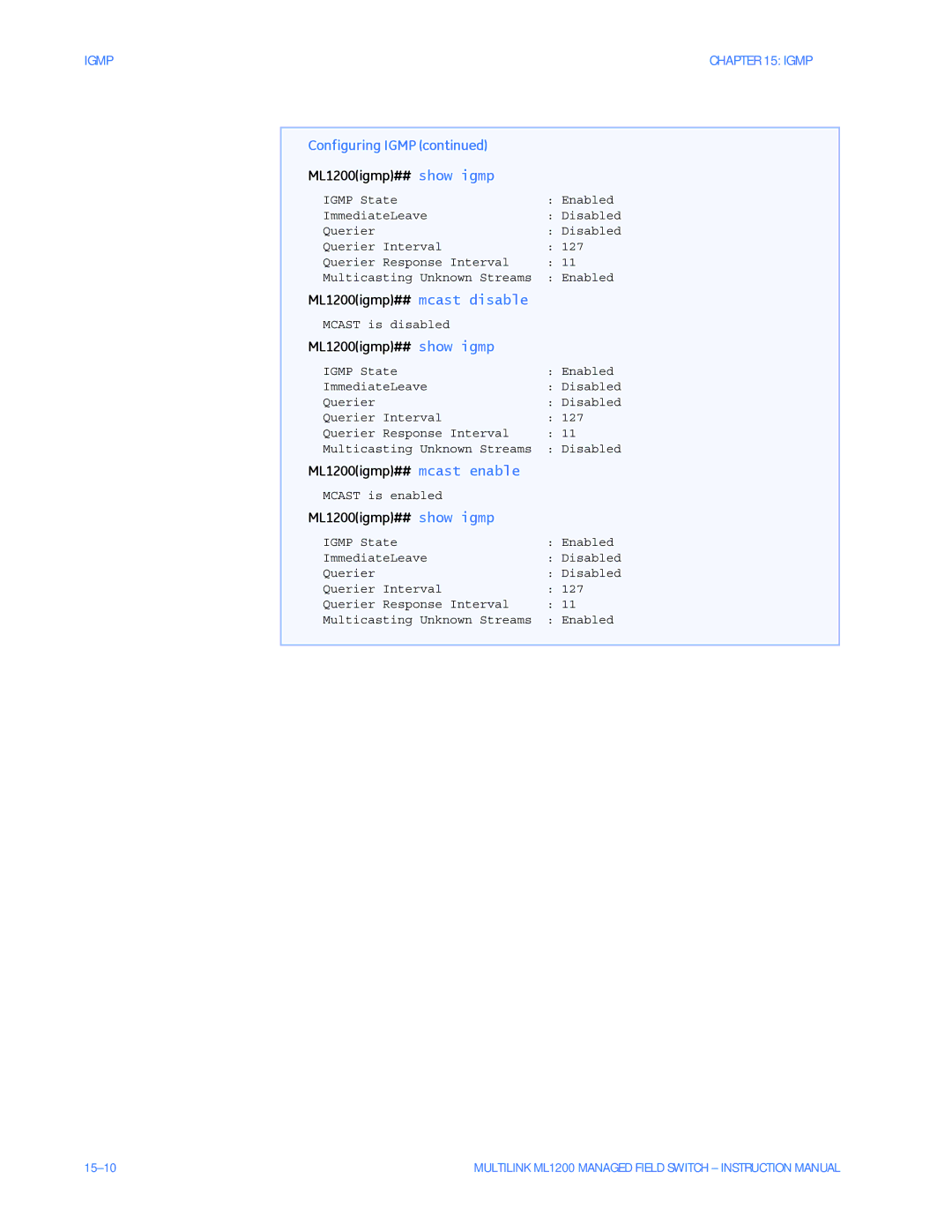 GE instruction manual ML1200igmp## mcast disable, ML1200igmp## mcast enable 