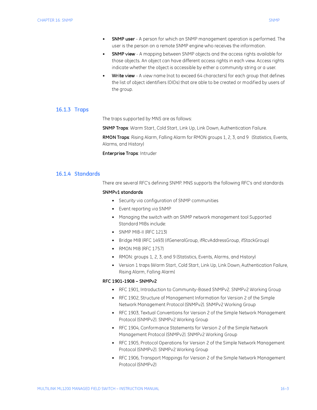 GE ML1200 instruction manual Standards, Enterprise Traps Intruder, SNMPv1 standards, RFC 1901-1908 SNMPv2 