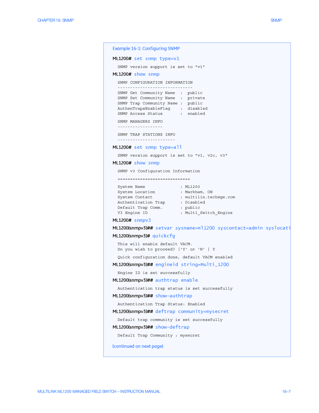 GE ML1200 instruction manual Example 16-1 Configuring Snmp 