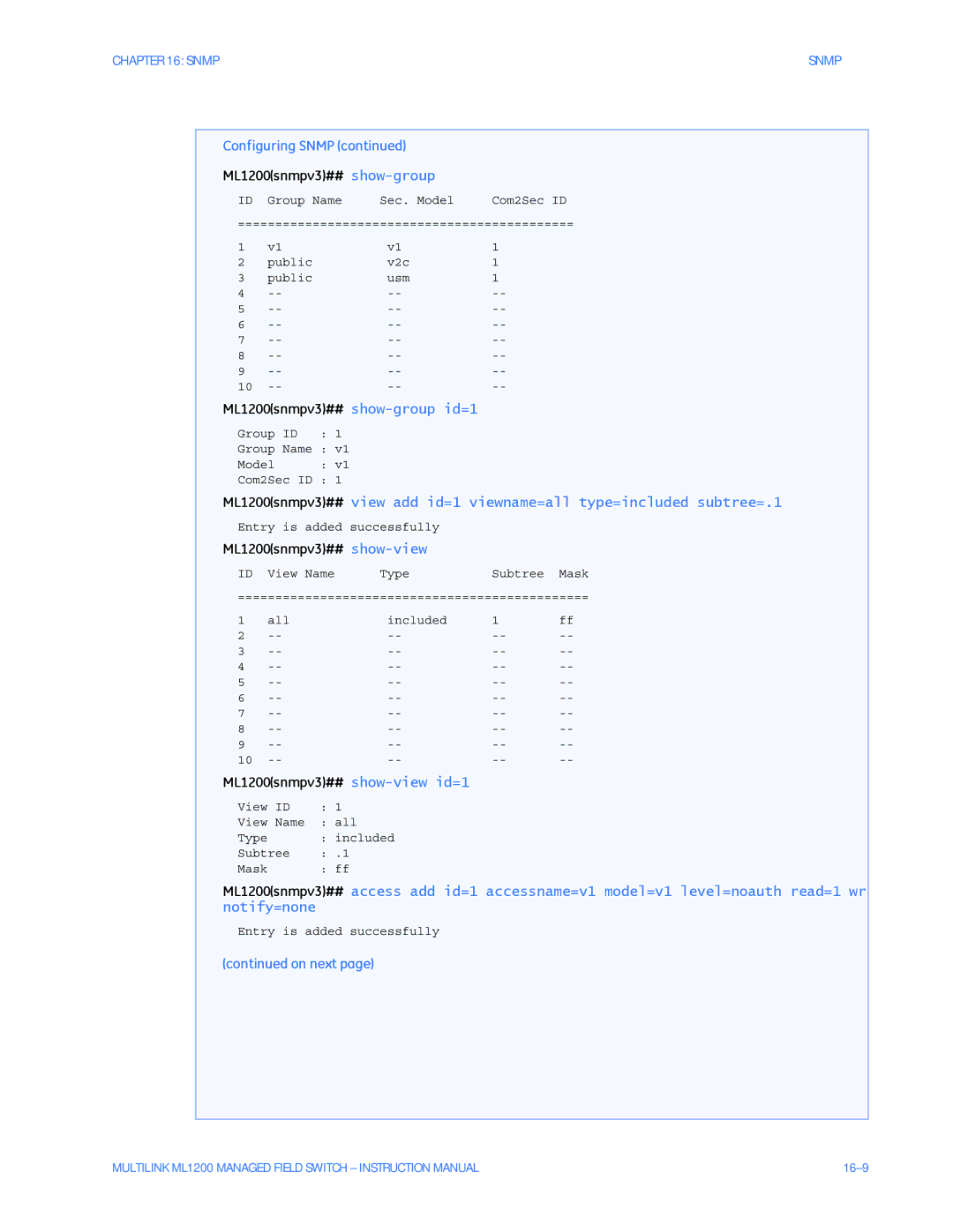 GE instruction manual ML1200snmpv3## show-group id=1, ML1200snmpv3## show-view id=1 