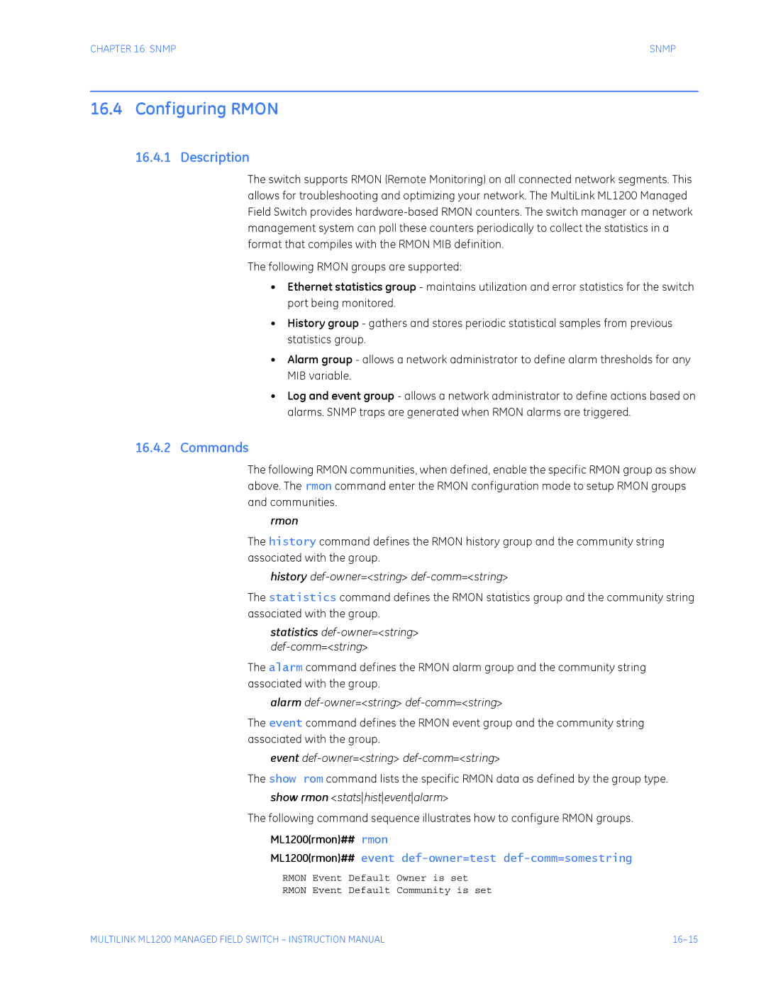 GE ML1200 instruction manual Configuring Rmon 