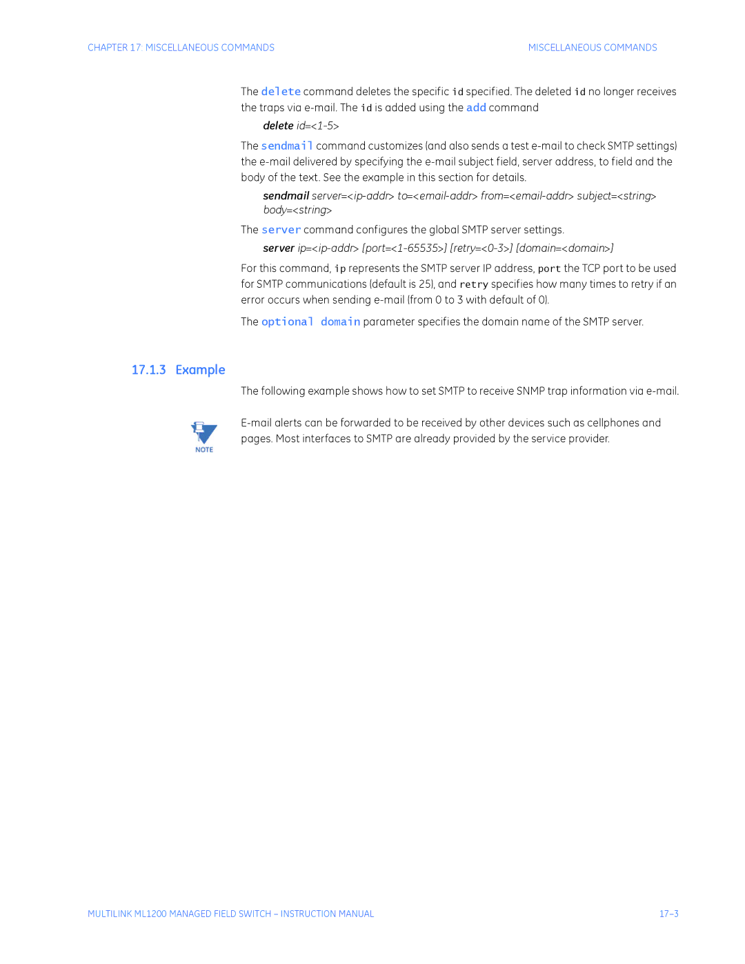 GE ML1200 instruction manual Delete id=1-5, Server command configures the global Smtp server settings 