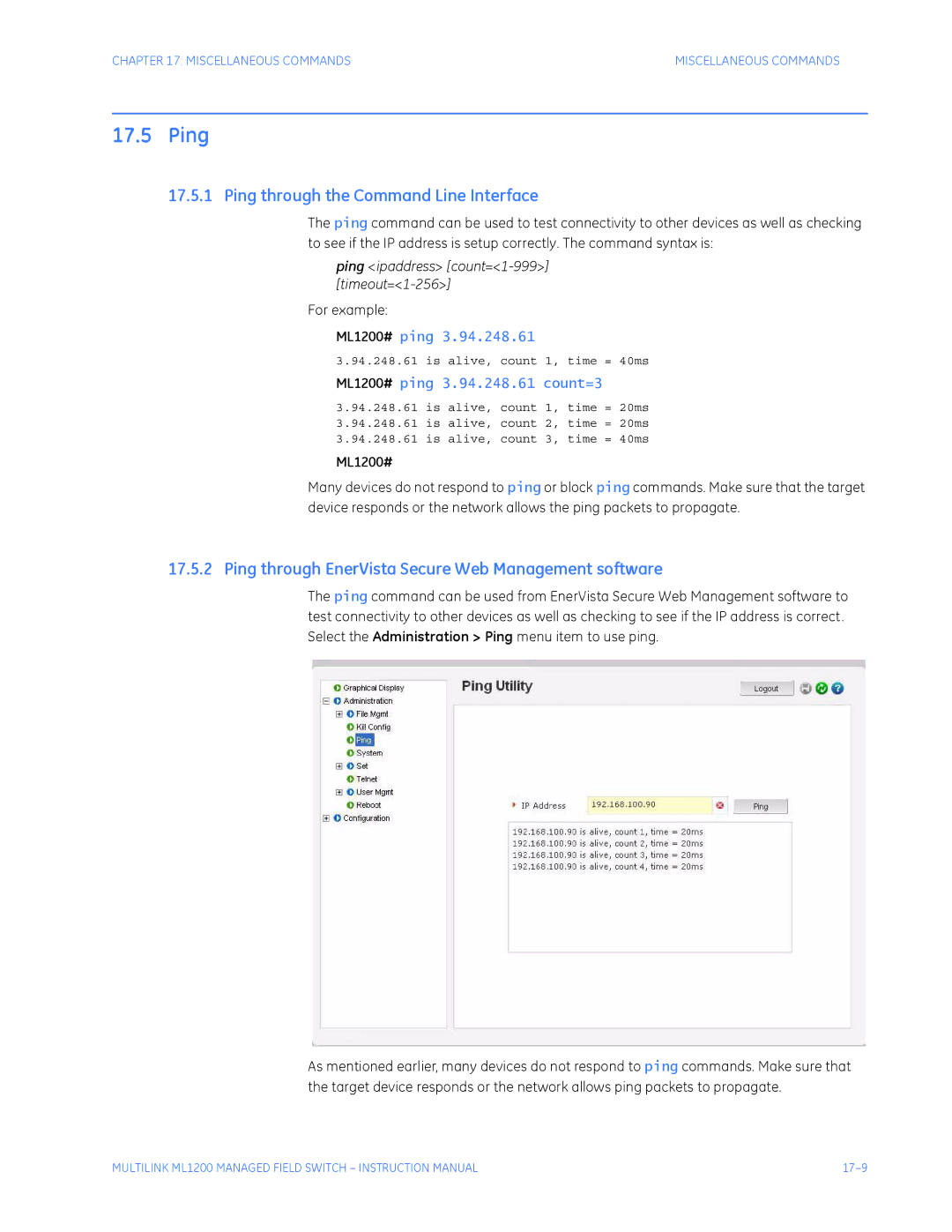 GE ML1200 Ping through the Command Line Interface, Ping through EnerVista Secure Web Management software 