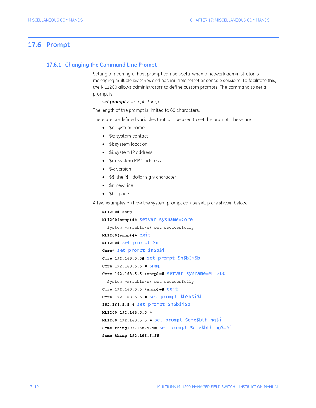 GE ML1200 instruction manual Changing the Command Line Prompt, Set prompt prompt string 