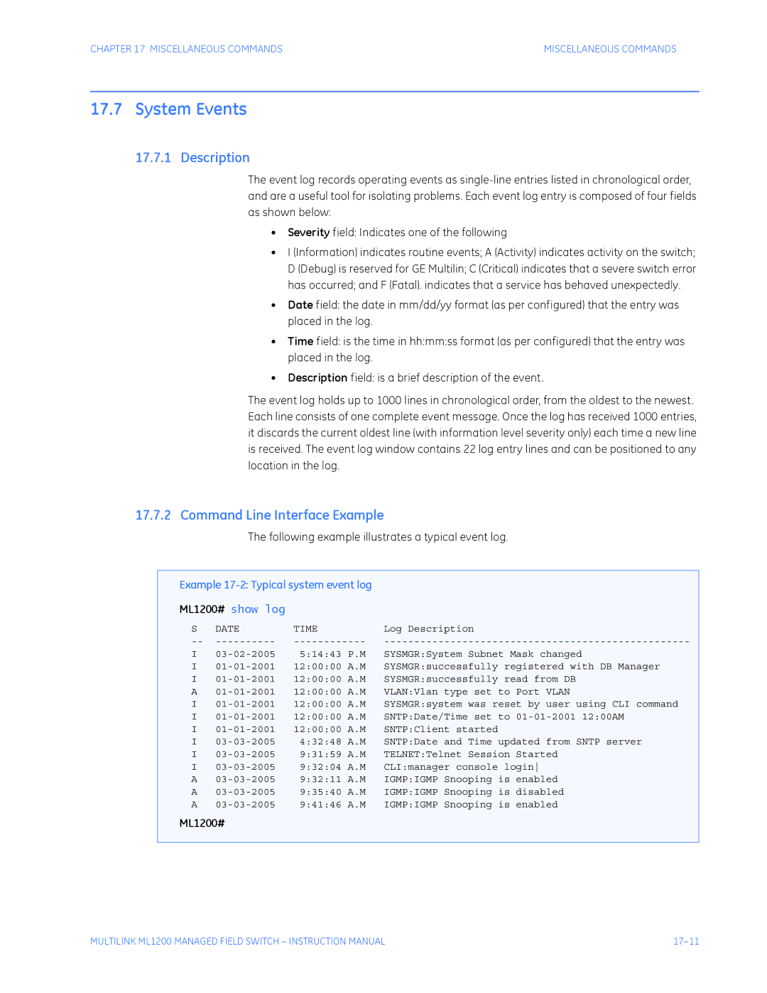 GE ML1200 System Events, Command Line Interface Example, Following example illustrates a typical event log 