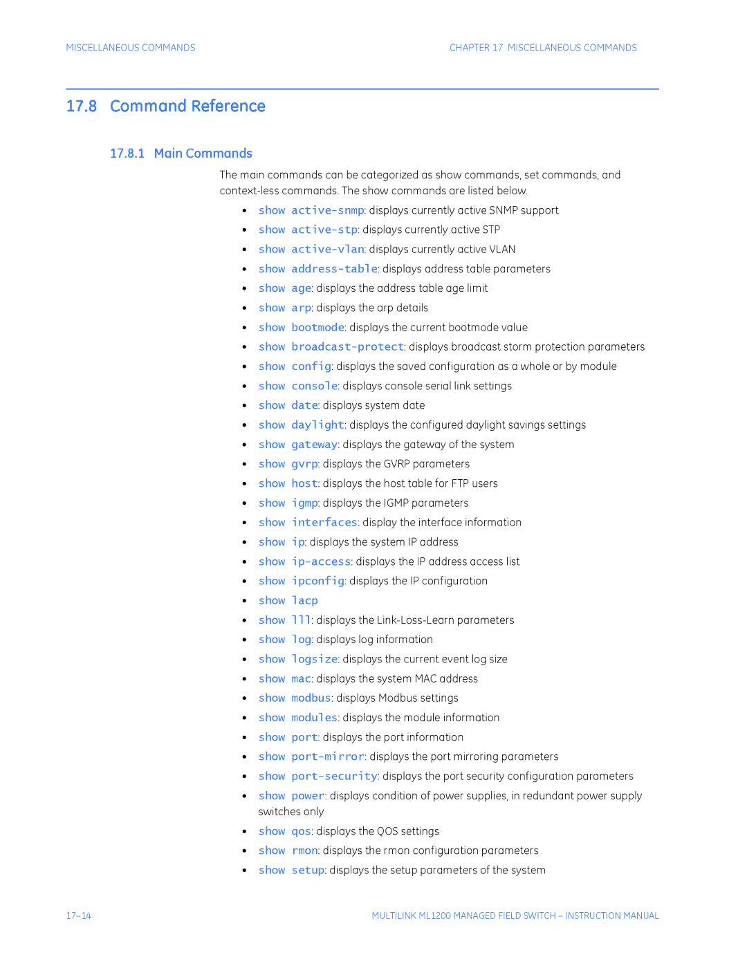 GE ML1200 instruction manual Command Reference, Main Commands 