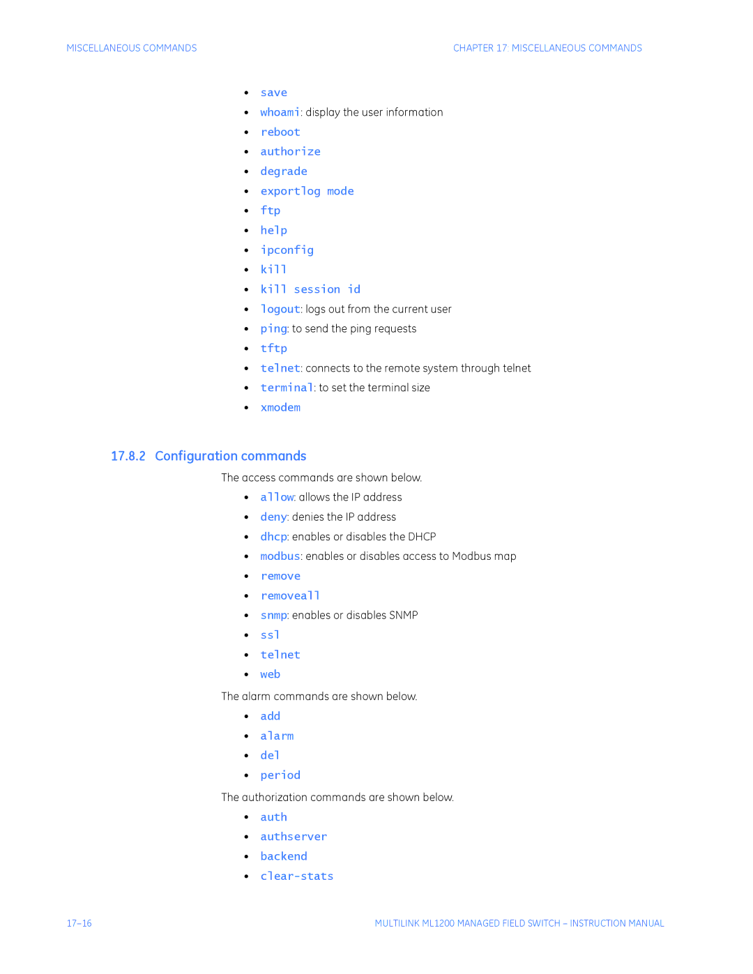 GE ML1200 instruction manual Configuration commands, Whoami display the user information, Snmp enables or disables Snmp 