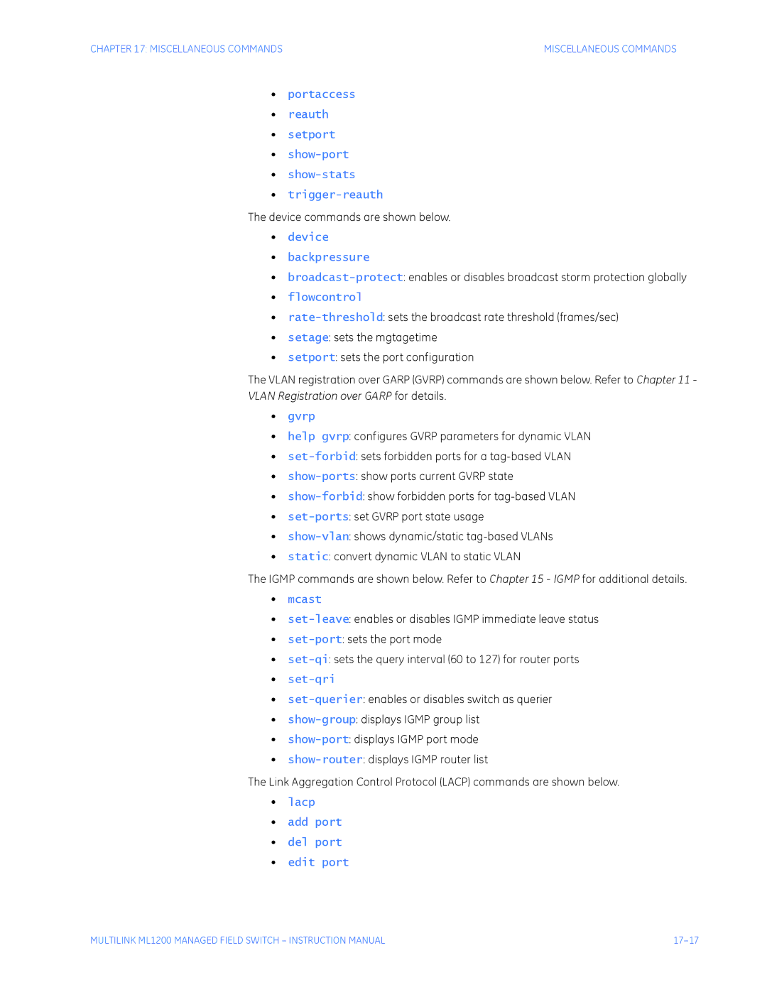 GE ML1200 instruction manual Device commands are shown below, Vlan Registration over Garp for details 