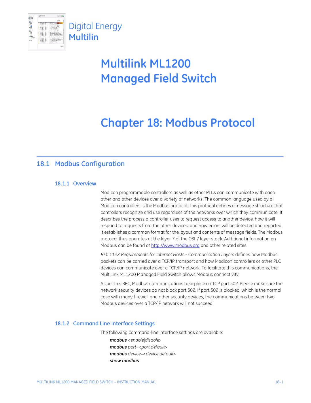 GE Multilink ML1200 Managed Field Switch Modbus Protocol, Modbus Configuration, Command Line Interface Settings 