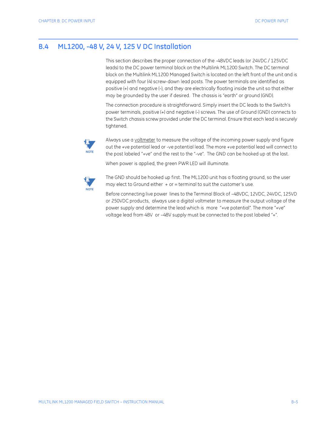 GE instruction manual ML1200, -48 V, 24 V, 125 V DC Installation 