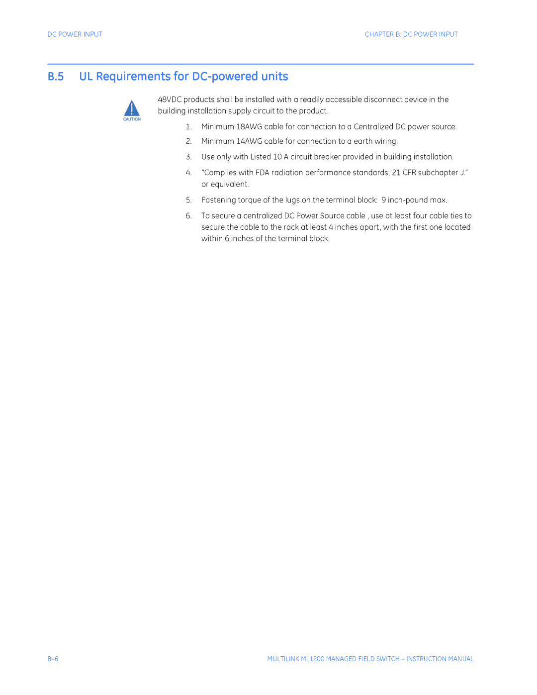 GE ML1200 instruction manual UL Requirements for DC-powered units 