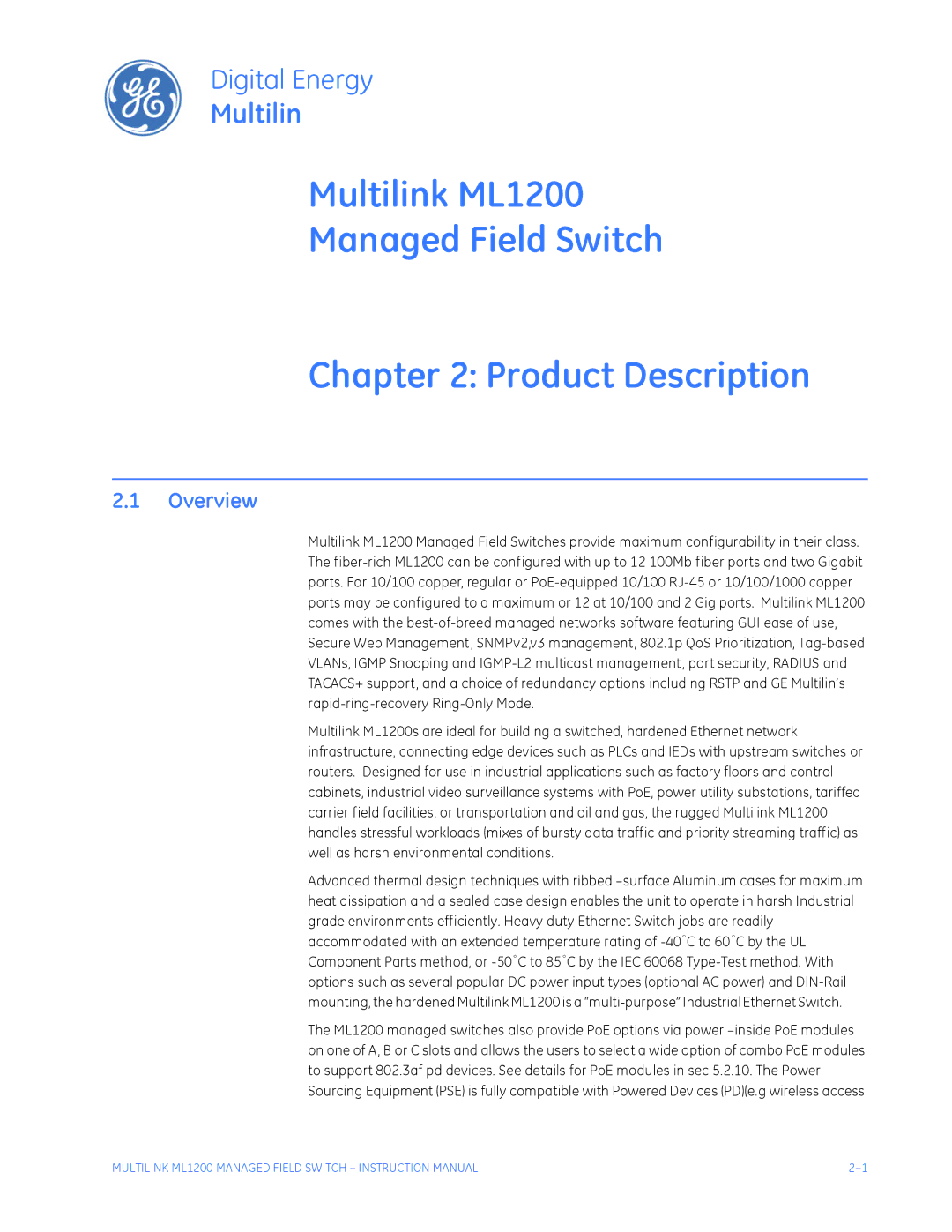 GE instruction manual Multilink ML1200 Managed Field Switch Product Description, Overview 