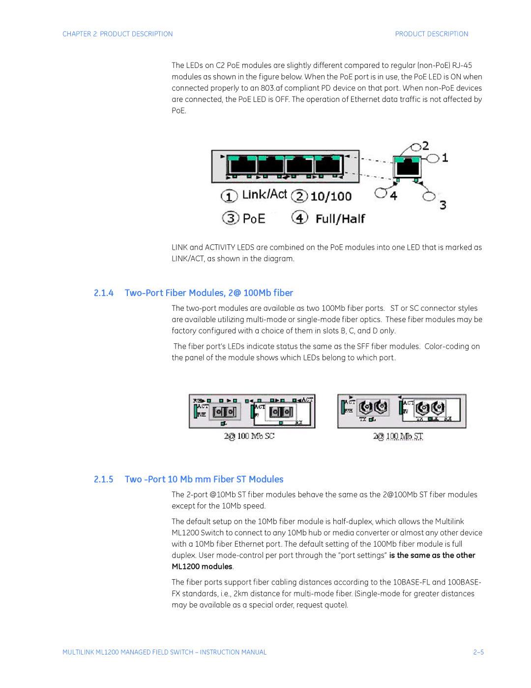 GE ML1200 instruction manual Two-Port Fiber Modules, 2@ 100Mb fiber, Two -Port 10 Mb mm Fiber ST Modules 