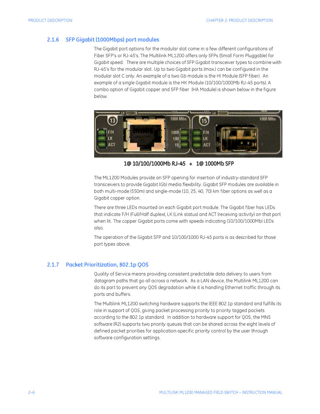 GE ML1200 instruction manual SFP Gigabit 1000Mbps port modules, Packet Prioritization, 802.1p QOS 