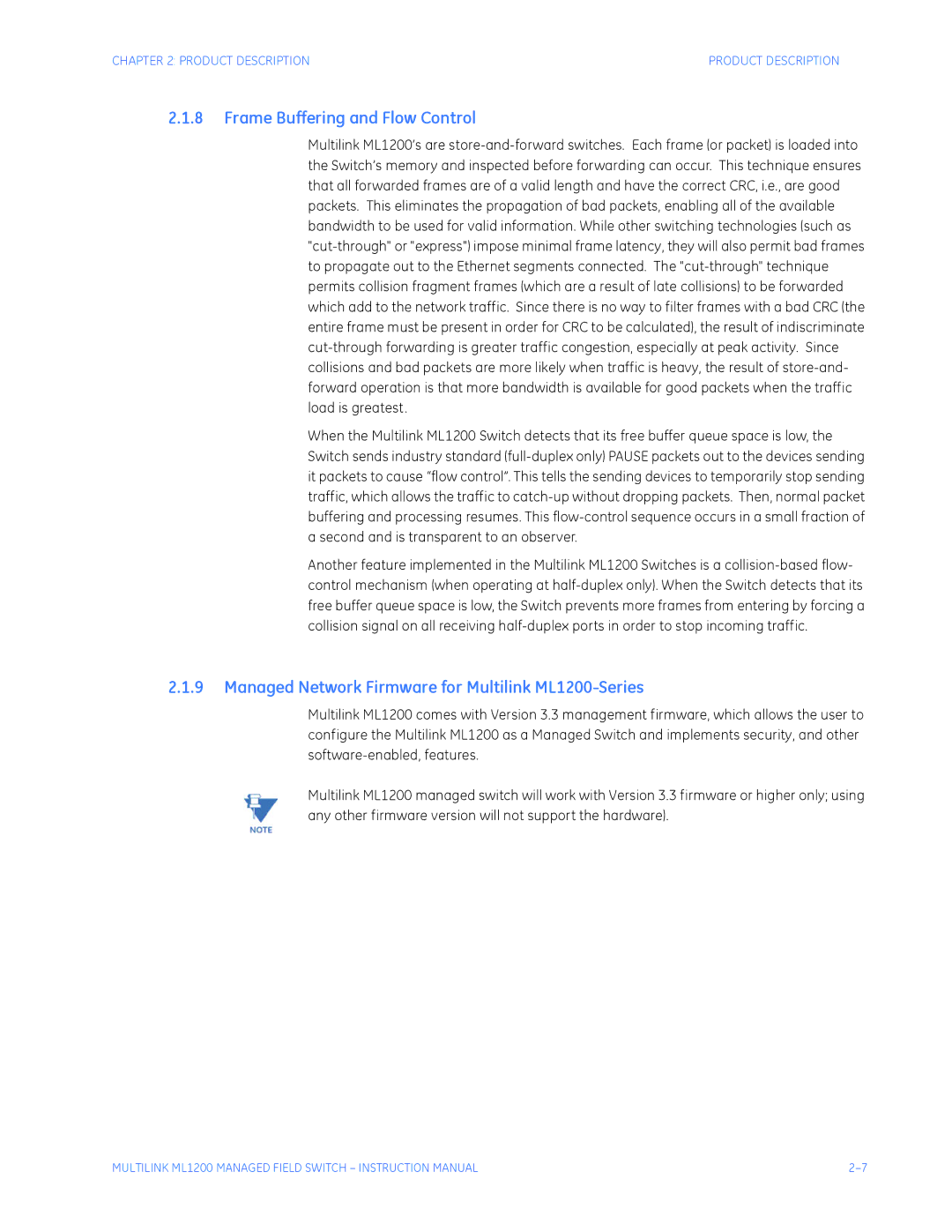 GE instruction manual Frame Buffering and Flow Control, Managed Network Firmware for Multilink ML1200-Series 