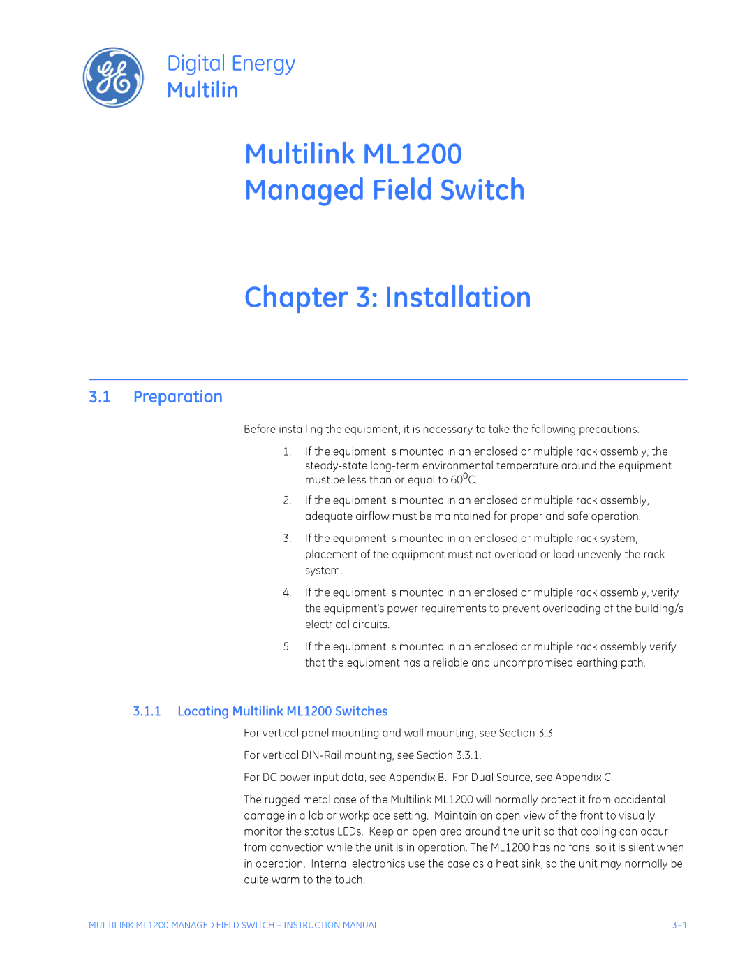 GE Multilink ML1200 Managed Field Switch Installation, Preparation, Locating Multilink ML1200 Switches 