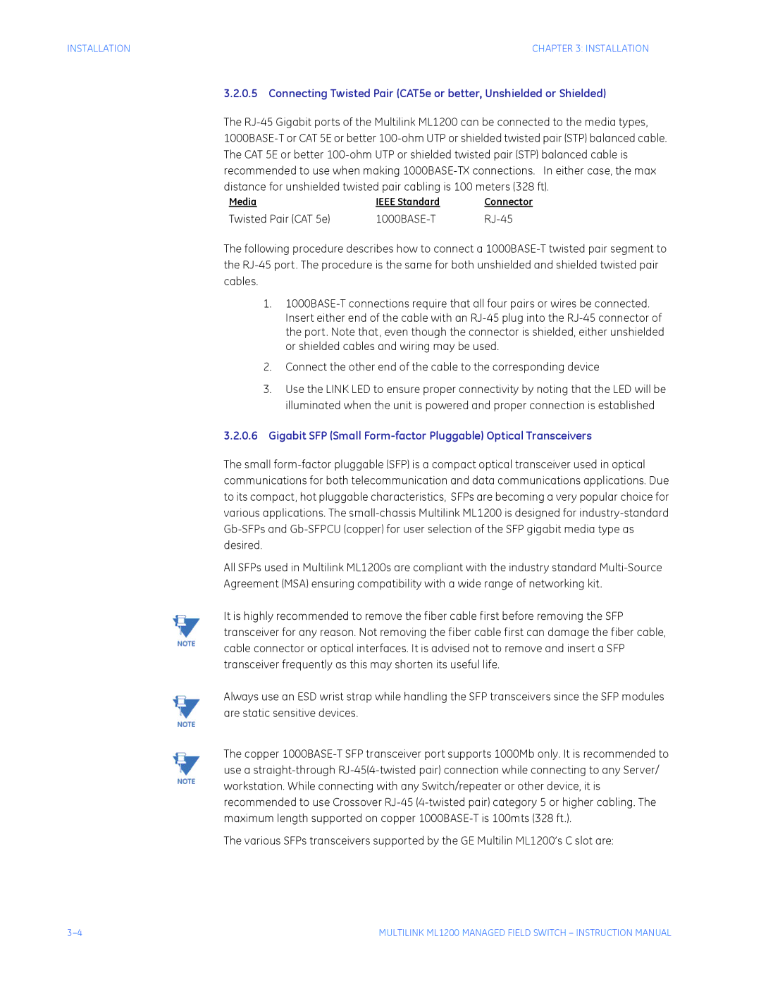 GE ML1200 instruction manual Gigabit SFP Small Form-factor Pluggable Optical Transceivers 