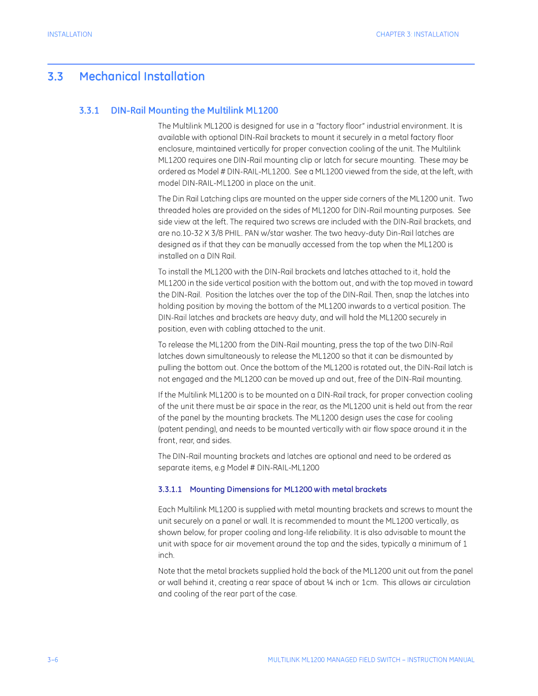 GE instruction manual Mechanical Installation, DIN-Rail Mounting the Multilink ML1200 